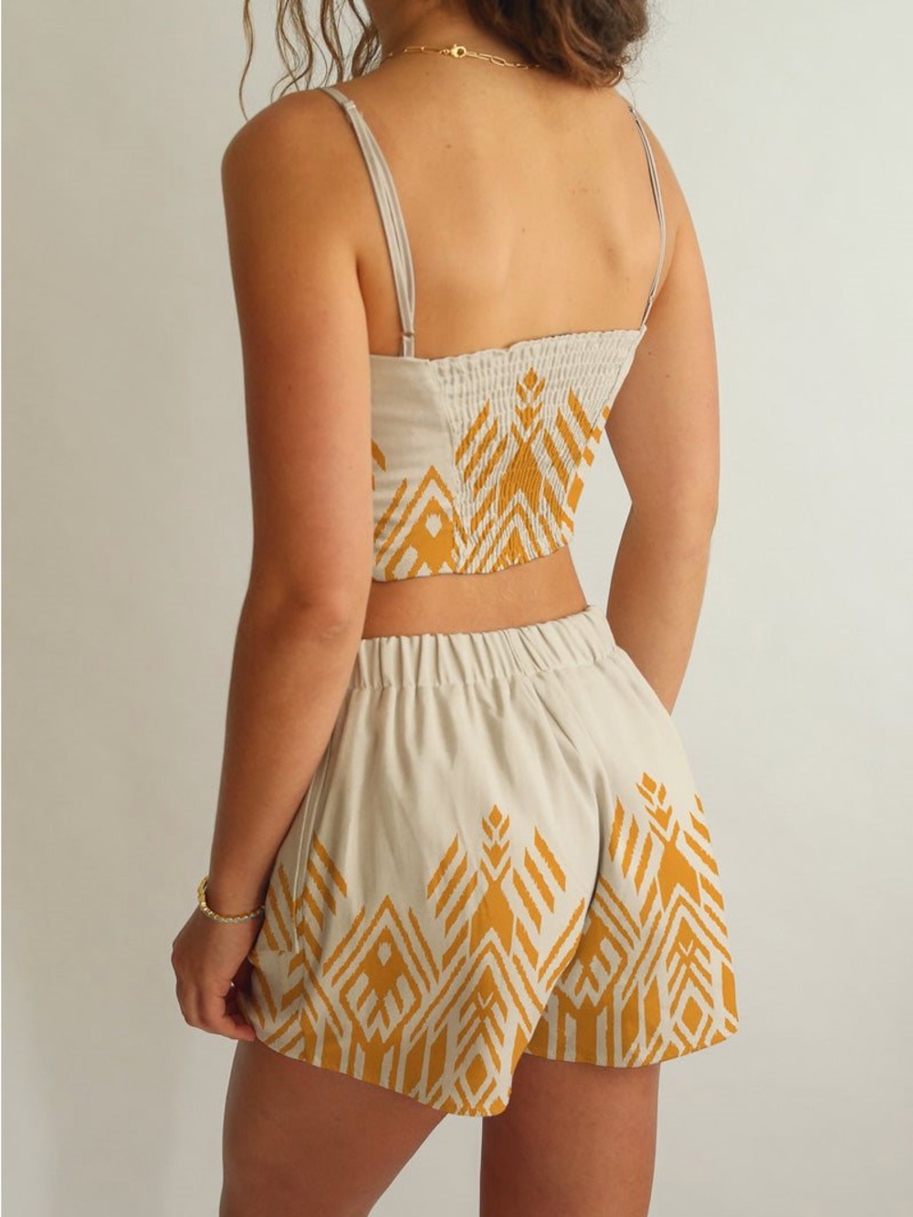 Averie Linen Blend Skort and Crop Top Set Yellow Geometric Print Large Boho - Picture 4 of 7